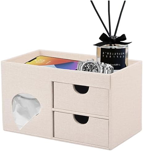Square Tissue Box Cover with Drawers,Tissue Box Holder with Storage Tray,​ Makeup Organizer and Desk Organizer,Tissue Ho