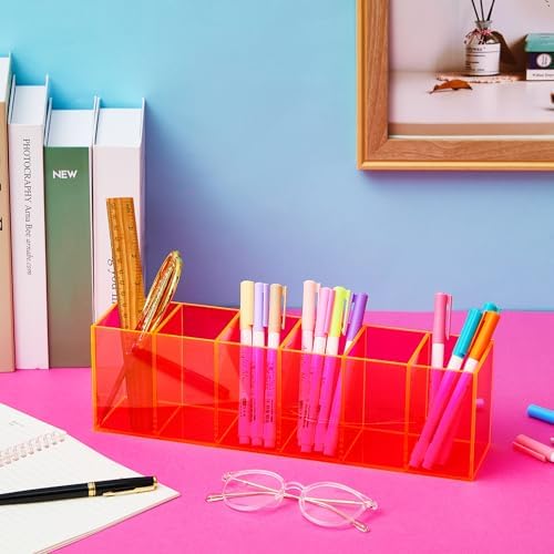 Jetec 6 Compartments Acrylic Pen Holder, Pencil Makeup Brush Holder, Pink