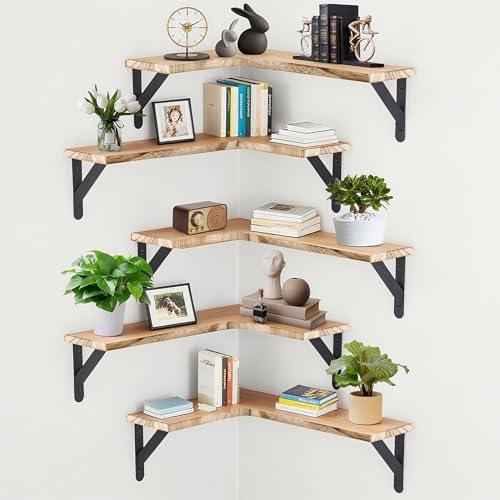 5 Pack Floating Shelves, Rustic Wood, Light Brown