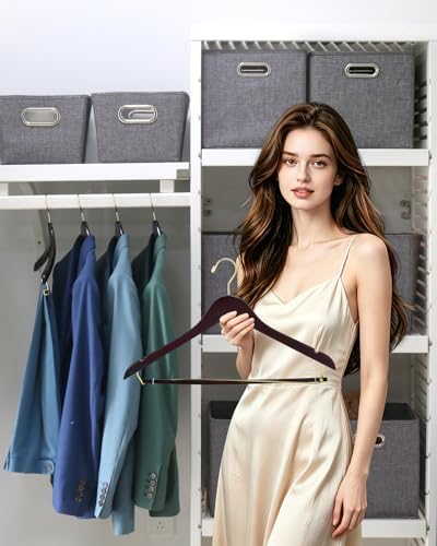 Wooden Suit Hangers 10 Pack, Premium Solid Wood Coat Hangers with Locking Pants Bar, 360° Swivel Hooks and Shoulder Notches, Dark Walnut Wood Hangers for Closet, Suits, Coats, Jackets