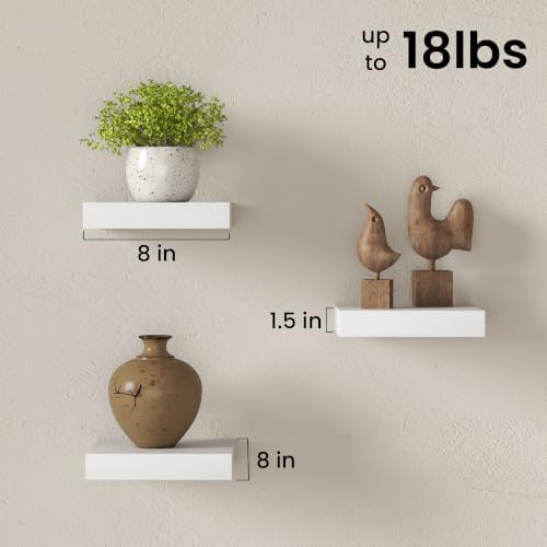 8" Long x 8" Deep Floating Shelves for Wall, Set of 3, 1.5" Thick, White