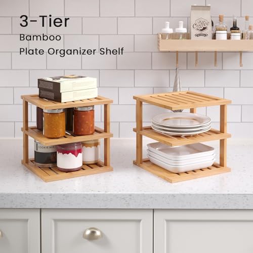 4 Pack Bamboo Corner Shelf,3 Tier Kitchen Cabinet Organizer for Plates and Dishes,Pantry Storage and Spice Rack（Natural）
