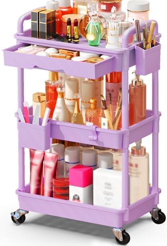 SUNALLY Makeup Cart Organizer with Drawer,3 Tier Rolling Makeup Cart,Purple