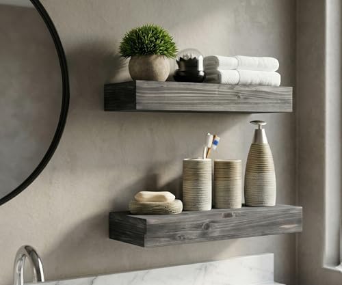 Rectangle Floating Shelves Set of 2 - Rustic Wood Weathered Grey - 16.5 inch Ledge for Storage and Trophy Display - Home
