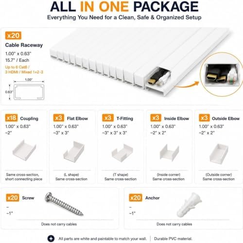 OnElecs 315in Cable Raceway Kit, Cord Cover Wall Cord Hider, PVC Wire Hider Wall Mount for TV Computer Office - Self-Adh