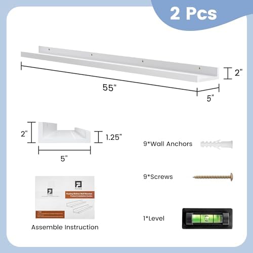 FLYJOE Picture Ledge Shelf, Floating Shelves Set of 2, Solid Pine Wood 55'' Long Large Nursery Book Shelves for Toys Storage, Kids Bookshelf for Living Room Bedroom Decor Books Photo Frames, White