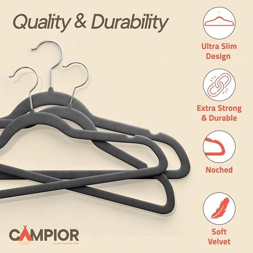 Gray Velvet Hangers 5 Pack – 360° Swivel Hook, Non-Slip and Space Saving Hangers, Heavy-Duty 11 lbs Weight Capacity - Smooth Velvet Finish for Crease-Free Clothes and Effortless Closet Organization