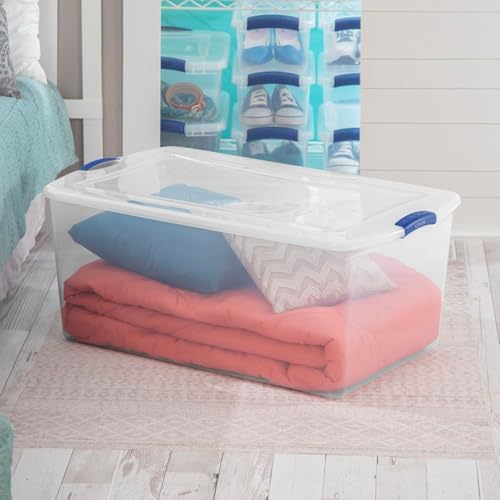 105 Qt. Plastic Storage Bin with Durable Lid, Stackable and Nestable Clear Tote Container Featuring Blue Buckles, Ideal 