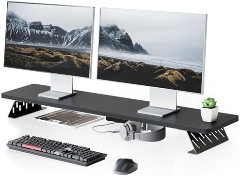 Fenge Monitor Stand Riser, Wooden & Metal Desk Shelf Organizer, Black