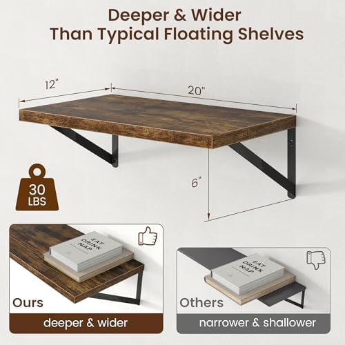 Axeman Deep Floating Shelves - 20 Inch Floating Shelves Set of 2-12 Inch Deep Brown Wood Wall Shelves for Living Room Ba