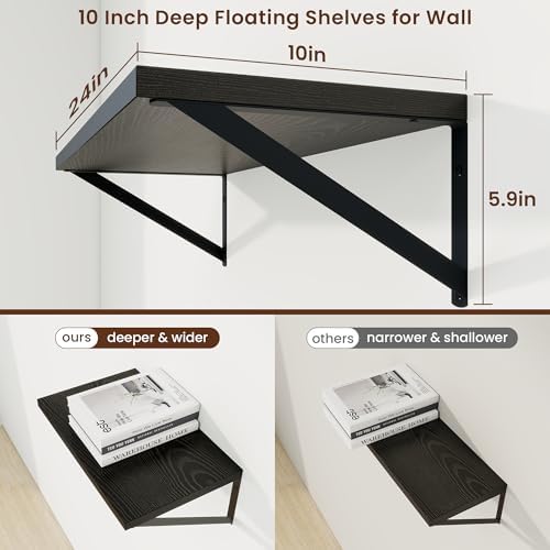 Axeman Deep Floating Shelves, 24'' x 10'' Black Wall Shelves Set of 2