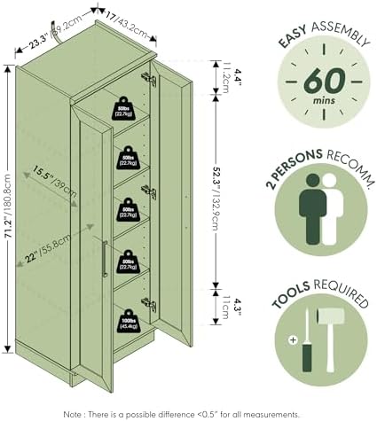 Furinno Robin Storage Cabinet, 5-Tier Pantry Cabinet with Adjustable Shelves, 23W with 2 Shaker-Doors, Kitchen Cabinet, 