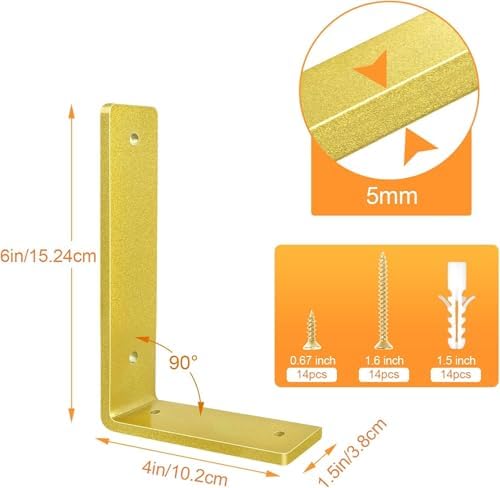 Gold Floating Shelf Bracket 6 Inch, 6 Pack Heavy Duty Shelf Brackets, Wall Shelf Bracket Gold for DIY Decorative with Mo