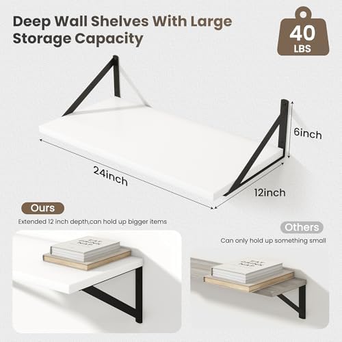 Marsmiles Deep Floating Shelves, 24'' x 12'' White Wood Shelves Set of 2