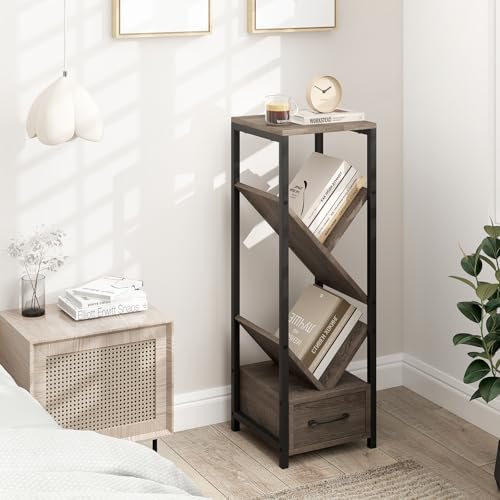 GIANTEX Tree Bookshelf with Drawer, 4-Tier Narrow Bookcase with Metal Frame, Tall Floor Standing Storage Organizer for S