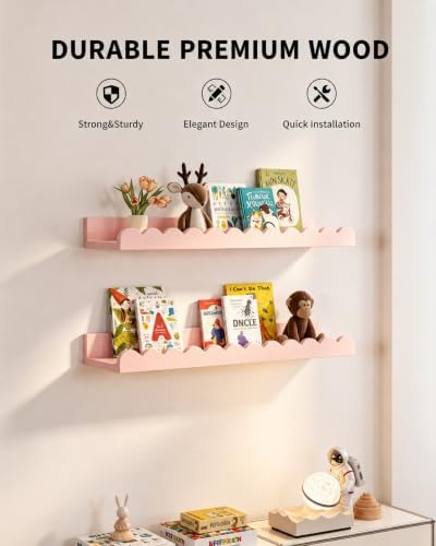 Shario Nursery Book Shelves, 4-Pack White Floating Shelves for Wall Kids, Scalloped Shelves, Wall Book Shelves for Bedro