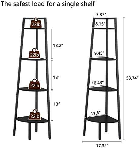 Hoctieon Corner Shelf, 4-Tier Corner Bookshelf, Rustic Ladder Shelf, Industrial Display Stand for Living Room, Kitchen, 