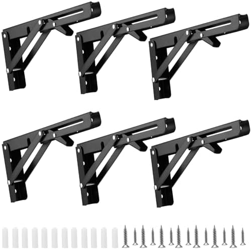 6 PCS 8 Inch Black Folding Shelf Brackets, Folding Shelf Hinge Wall Mounted, Heavy Duty Metal Collapsible Shelf Bracket 