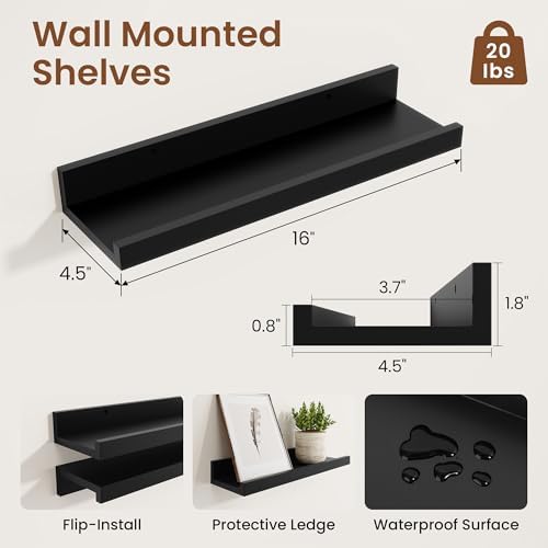 Heimlove Picture Ledge Shelf, Small Floating Shelves Set of 2, 16 Inches Picture Shelf for Wall with Ledge, Kids Bookshe