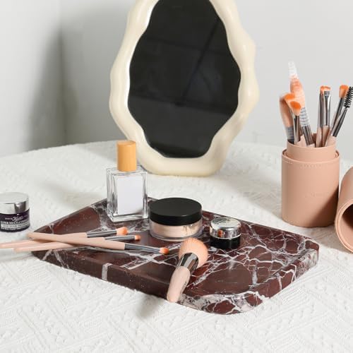 Marble Vanity Tray, 11.8in Stone Bathroom Tray for Countertop, Red Decorative Tray for Dresser Organizer, Luxury Serving