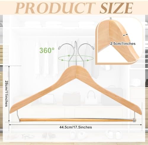 Kathfly 6 Pcs Wooden Suit Hangers with Locking Bar 360° Hook Holds 20lbs
