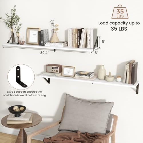 Axeman 40 Inch Floating Shelves, 8 Inch Deep White Wall Shelves Set of 2