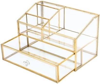 Vintage Gold Makeup Organizer - Glass Makeup Organizer Countertop Organizer for Make-Up Brushes Vanity, Tabletop Organiz