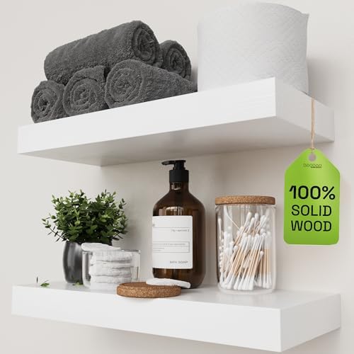 Solid Wood Floating Shelves for Wall 16 inch White, Wooden Bathroom Shelf