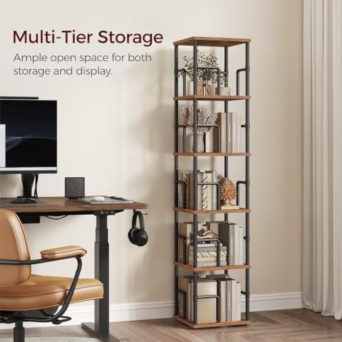 MAHANCRIS 5-Tier Rotating Bookshelf, Freestanding Corner Bookshelf, 360° Spinning Bookcase, Industrial Style Storage Rac