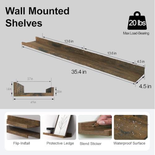 Brown Floating Shelves for Wall Decor, 36 in Shelf with Lip Set of 2