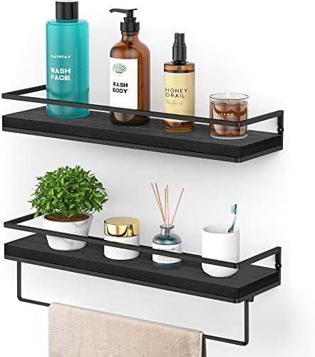 Meangood Floating Shelves Wall Mounted Set of 2, Wall Shelf with Towel Bar Rustic Wood Wall Storage Shelves for Bedroom,