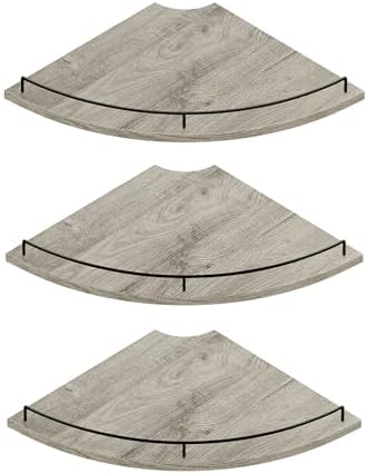 JJL Corner Shelf Wall Mounted, 12 Inches 3-Tier Floating Corner Shelf, Fan-Shaped Rustic Wood Decor with Fence, Gray Woo