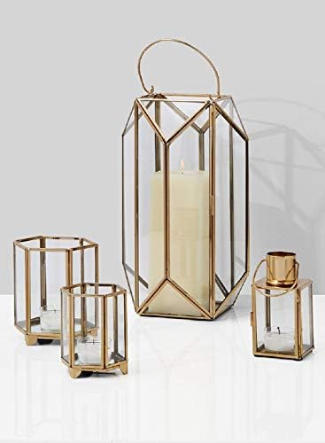 Serene Spaces Living Gold Hexagon Glass Tea Light Holder, Small Size, Measures 4 inches Tall