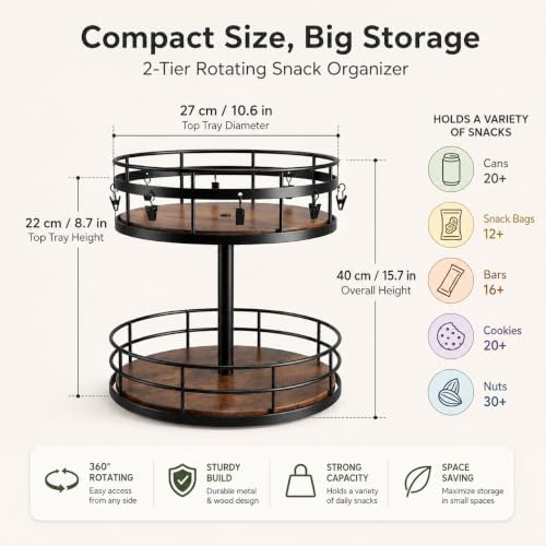 2 Tier Snack Organizer Lazy Susan with Chip Clips