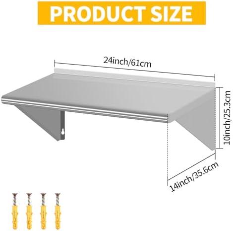14" D x 24" W Stainless Steel Wall Mounted Shelves, Floating Shelving with Brackets, Commercial Shelf Perfect for Restau
