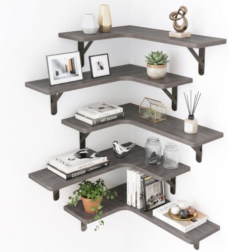 Fixwal Conner Shelves Wall Mounted for Decor, Weathered Grey Set of 5