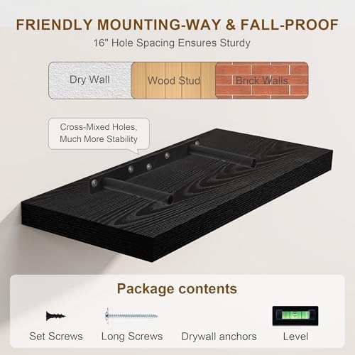 Fun Memories Rustic Black Floating Shelves 24 Inch Long, 8 Inch Deep Floating Shelf, 24 x 8 Wall Shelves Set of 2, Deep 