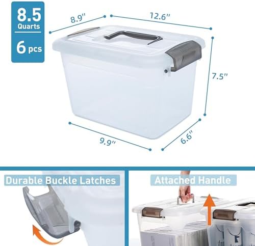 Citylife 6 Packs 8.5 QT Storage Bins with Lids Clear Plastic Bins with Grey Handle Stackable Storage Containers for Orga