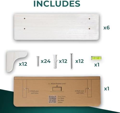 Willowy Real Wood White Bedroom Shelves - 17 inch (6 Pack) - Easy to Install, Template and Video Included - Shelves for 