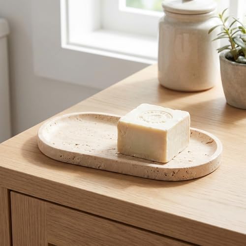 YKAJO Yellow Travertine Oval Marble Tray, 9.8x4.7 Vanity Perfume Organizer