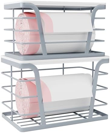 TIDIIABODE 2 Pack Gray Trash Bag Organizer for Kitchen and Pantry, Upgraded Stackable Metal Garbage Bag Holder with Bamb