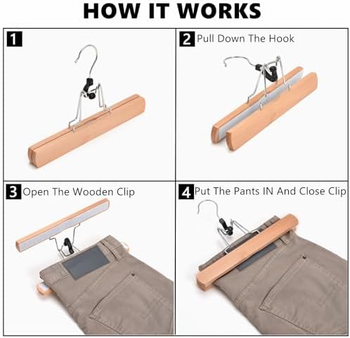 Amber Home 10 Pack Natural Wooden Pants Clip Hangers, Wood Skirt Hangers