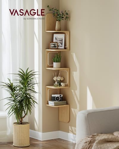 VASAGLE 5-Tier Corner Shelf, Wall Mounted Floating Shelf, Boho Wall Decor