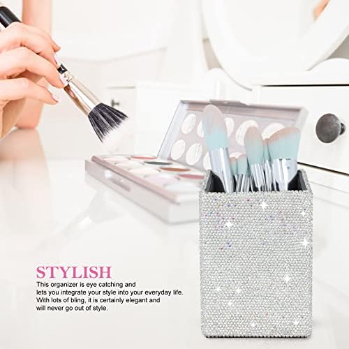 KEYPOWER Crystal Pencil Pot Holder Box Bling Rhinestone Pen Organizer Holder Cosmetic Pen Container Comb Brushes Personalized (Square White&AB Color)