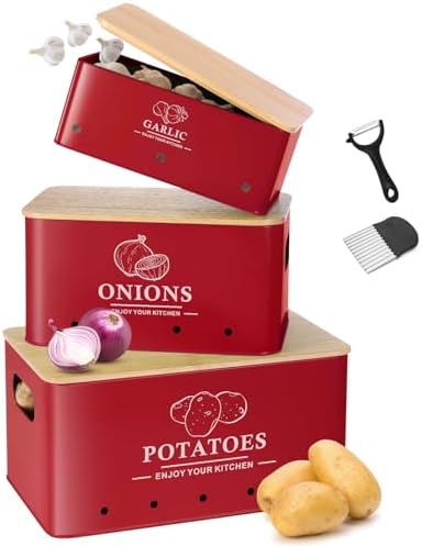 Kitchen Vegetable Storage Set of 3, Metal Onion Garlic Potato Storage Set, Kitchen Canisters Vegetable Keeper Containers