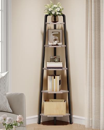 CHOEZON Corner Shelf, 5-Tier Ladder Corner Shelf, Ladder Bookshelf, 59.6" Tall Vertical Display Stand, Metal Frame Books