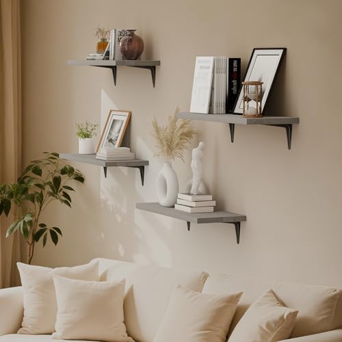 SKYSEN Floating Shelves for Wall Set of 6, 15.7in Wood Wall Shelf for Decor, Bathroom, Bedroom, Storage, Book,Kitchen, L