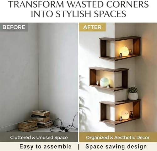 LIYAOLI Floating Shelves for Inside & Outside Corners Wall Shelves, Modern Wooden Corner Shelf Wall Mounted for Bedroom 