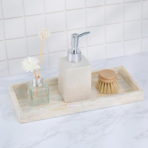 PEMAR Set of 2 Mother of Pearl Bathroom Tray for Counter, 11" Wooden Vanity Tray for Perfume Makeup Kitchen Sink Counter