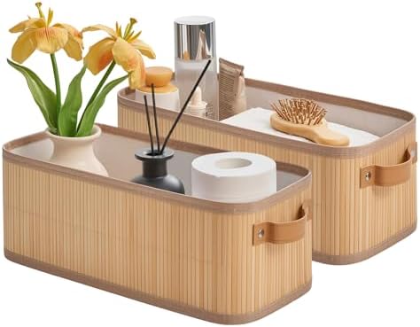 Narrow Storage Bins, Small Basket for Closet and Shelves, Bamboo Toilet Paper Storage Organizer with Handles for Counter